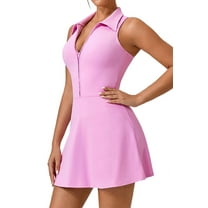 Women's Zip Front Tennis Dress with Collar, Racerback Workout Golf Dress Built-in Shorts Pockets Pink XL