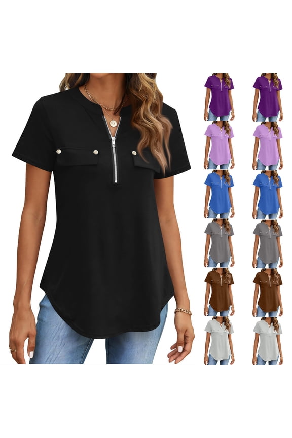 Women's Zip Front V-Neck Short Sleeve Work Casual Top Blouse Shirt Purple L