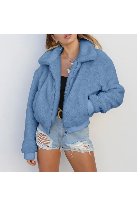 Women's Zip Up Fuzzy Jacket Loose Lapel Cropped Coats Dressy Casual Lightweight Outwear With Pockets Light Weight Jacket for Women Tops for Women Womens Jackets Full Zip Women Fitted Jackets for Women