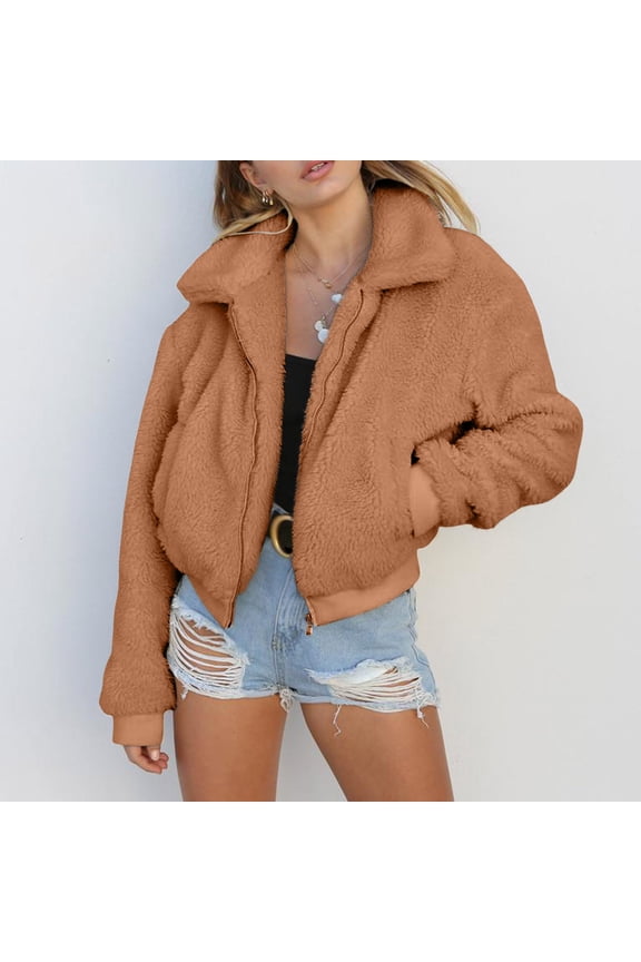 Women's Zip Up Fuzzy Jacket Loose Lapel Cropped Coats Dressy Casual Lightweight Outwear With Pockets Us Leather Jacket Microfiber Jacket Tantrum Jacket Scrub Jackets for Women Shirts for Women Women