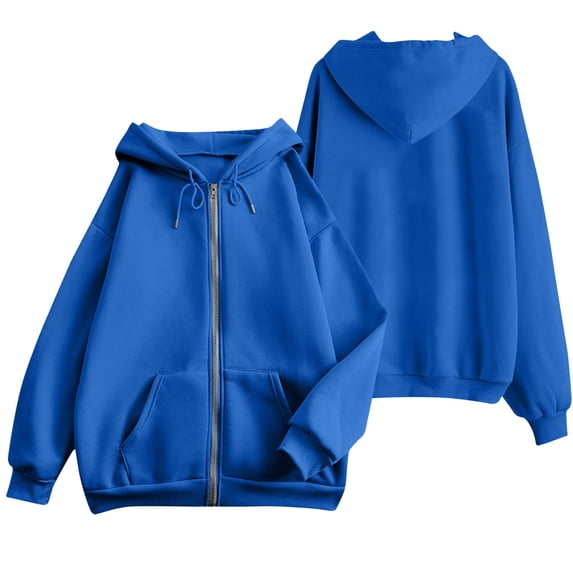 Women's Zip Up Hoodie Long Sleeve Casual Loose Sweatshirt Drawstring Hooded Jacket Front Kangaroo Pocket Lightweight Daily Layering Outerwear Blue,XXL