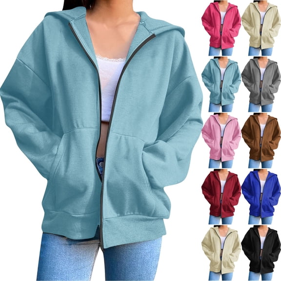 Women's Zip Hoodie Long Sleeve Oversized Sweatshirt Fleece Jacket Pocket Sweatshirt Jacket for Comfortable Fall and Winter Activities,Blue,XL