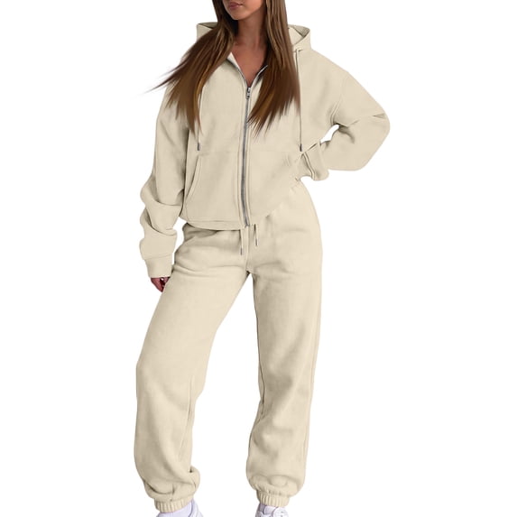Women's Zip Up Hoodie Tracksuit 2 Piece Set, Fall Winter Casual Sweatshirt Jacket & Jogger Pants, Comfy Loungewear Sweatsuit for Daily Wear 01-Beige L