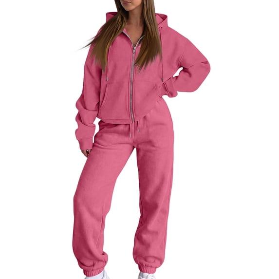 Women's Zip Up Hoodie Tracksuit 2 Piece Set, Fall Winter Casual Sweatshirt Jacket & Jogger Pants, Comfy Loungewear Sweatsuit for Daily Wear 07-Hot Pink S