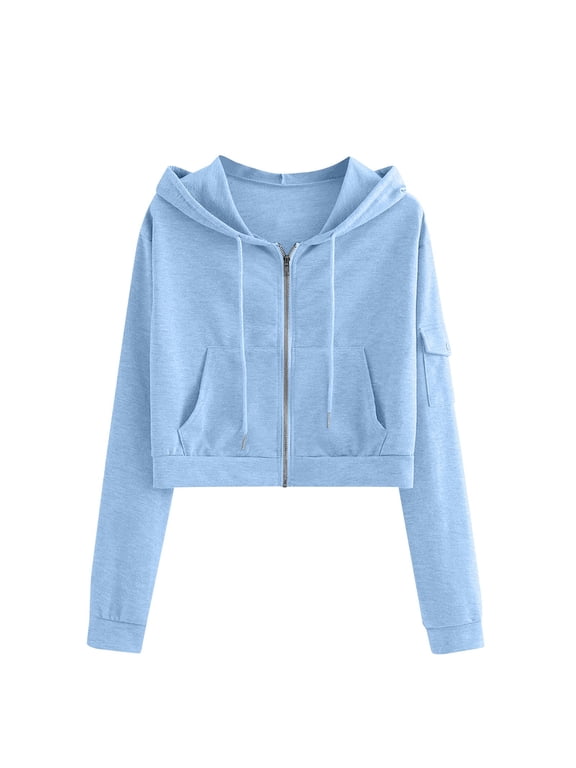 Women's Zip Up Hoodies,Cropped Cardigan Jacket,Drawstring Hooded Sweatshirts,Fleece Full Zip Up Hoodie,Casual Workout Long Sleeve Top,Fashion Jacket Crop Top with Pocket,Trendy Lightweight Light Blue