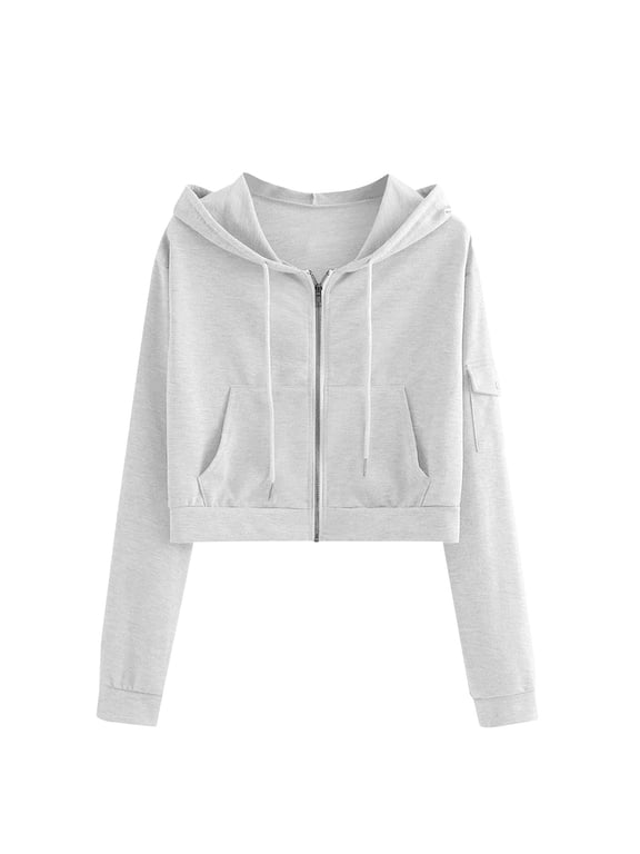 Women's Zip Up Hoodies,Cropped Cardigan Jacket,Drawstring Hooded Sweatshirts,Fleece Full Zip Up Hoodie,Casual Workout Long Sleeve Top,Fashion Jacket Crop Top with Pockets,Trendy Lightweight White