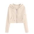 thumbnail image 1 of Women's Zip Up Hoodies,Cropped Cardigan Jacket,Drawstring Hooded Sweatshirts,Fleece Full Zip Up Hoodie,Casual Workout Long Sleeve Top,Fashion Jacket Crop Top with Pockets,Trendy Lightweight Beige, 1 of 8