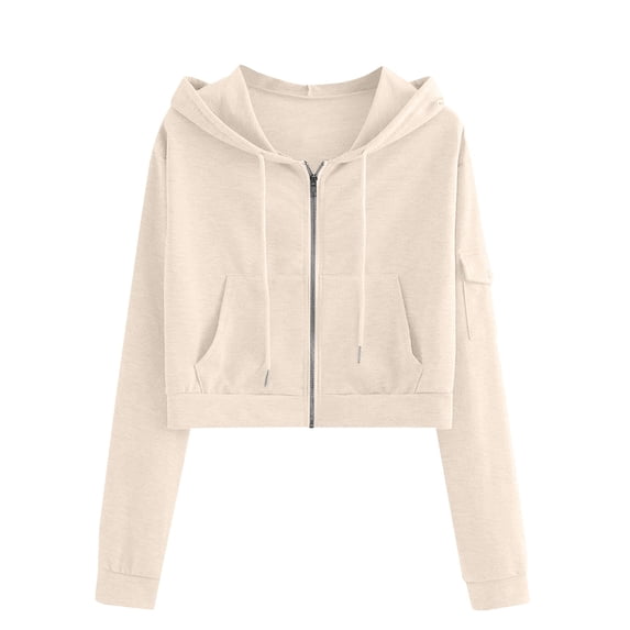 Women's Zip Up Hoodies,Cropped Cardigan Jacket,Drawstring Hooded Sweatshirts,Fleece Full Zip Up Hoodie,Casual Workout Long Sleeve Top,Fashion Jacket Crop Top with Pockets,Trendy Lightweight Beige