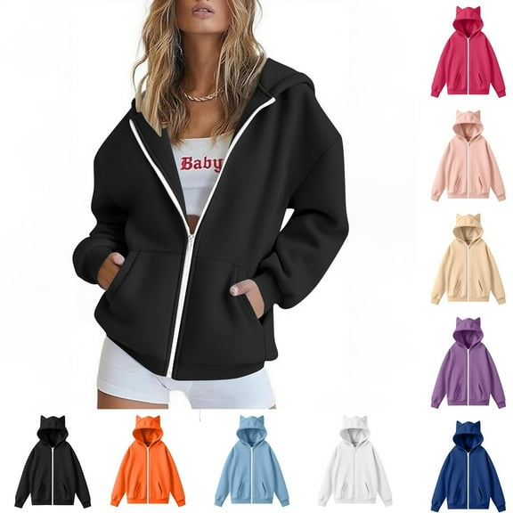 Women's Zip Up Hoodies Long Sleeve Long Tunic Sweatshirts With Ear Hat Fashionable Loose Casual Long Sleeved Top Shoulder Down Long Sleeved Sweatshirt Outwear Coat with Side Pockets Black,XXL