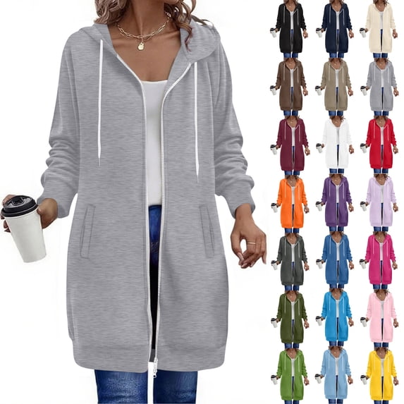 Women's Zip Up Hoodies Long Sleeve Long Tunic Sweatshirts Oversized Long Fleece Jacket Coats, Drawstring, Zip Up Front, Casual Outerwear, Comfy Everyday, Athleisure,Work,Daily