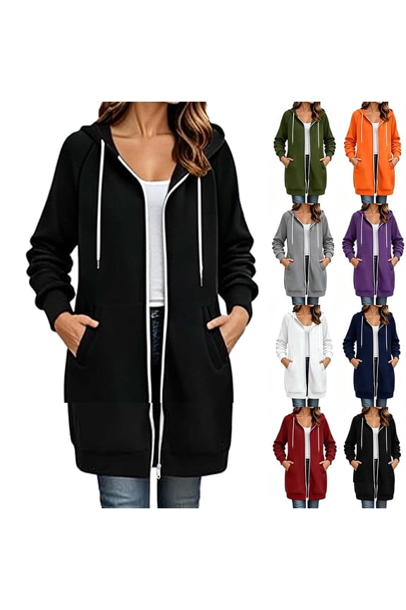 Women's Zip Up Hoodies Long Sleeve Long Tunic Sweatshirts Oversized | Long Fleece Jacket Coats, Drawstring, Zip Up Front, Kangaroo Pockets, Casual Outerwear, #01_Black, L