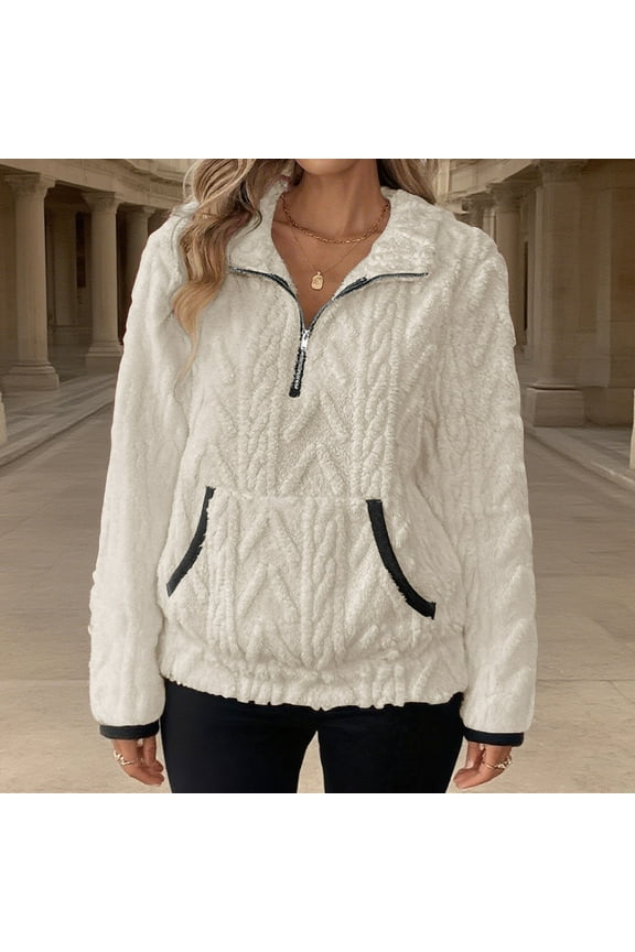 Women's Zip Up Pullover Hoodie Sweatshirt Jacket Long Sleeve Fuzzy Fleece Lapel Collar with Pockets Casual Loungewear Travel Essential for Women | CSEONE,Beige L