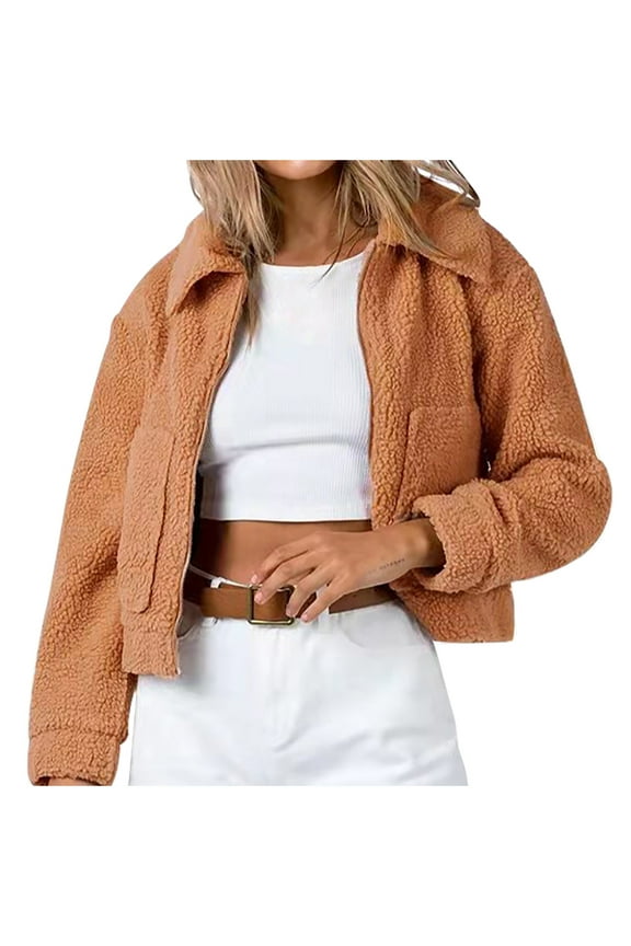 Women’s Zip Up Sherpa Fleece Jacket Stylish Lapel Long Sleeve Lamb Outerwear Loose Casual Cropped Coat with Pockets Winter Coats Outerwear Winter Jacket for Women YellowL
