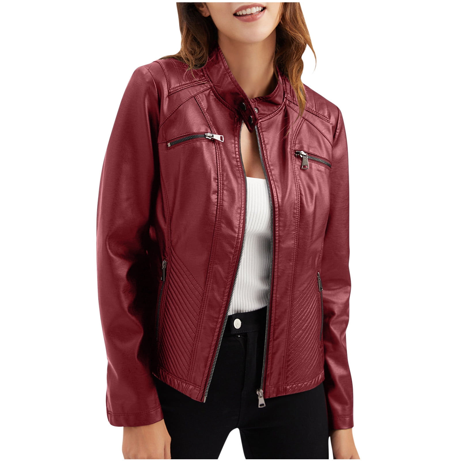Women's Zip Up Stand Collar Faux Leather Jacket Fitted Slim Fit Moto Biker Jacket Plus Size with Pockets Girls' Outerwear Jackets & Coats Fall Hackets for Women