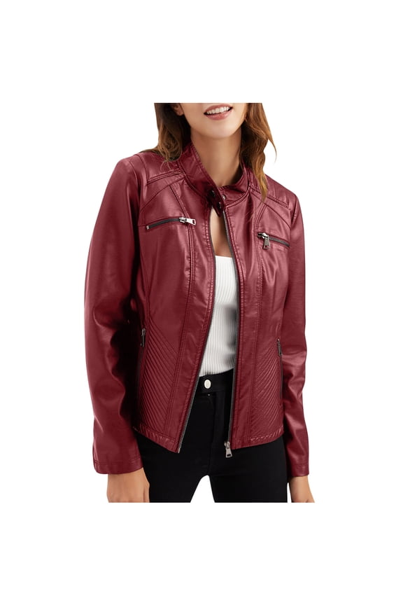 Women's Zip Up Stand Collar Faux Leather Jacket Fitted Slim Fit Moto Biker Jacket Plus Size with Pockets Girls' Outerwear Jackets & Coats Fall Hackets for Women