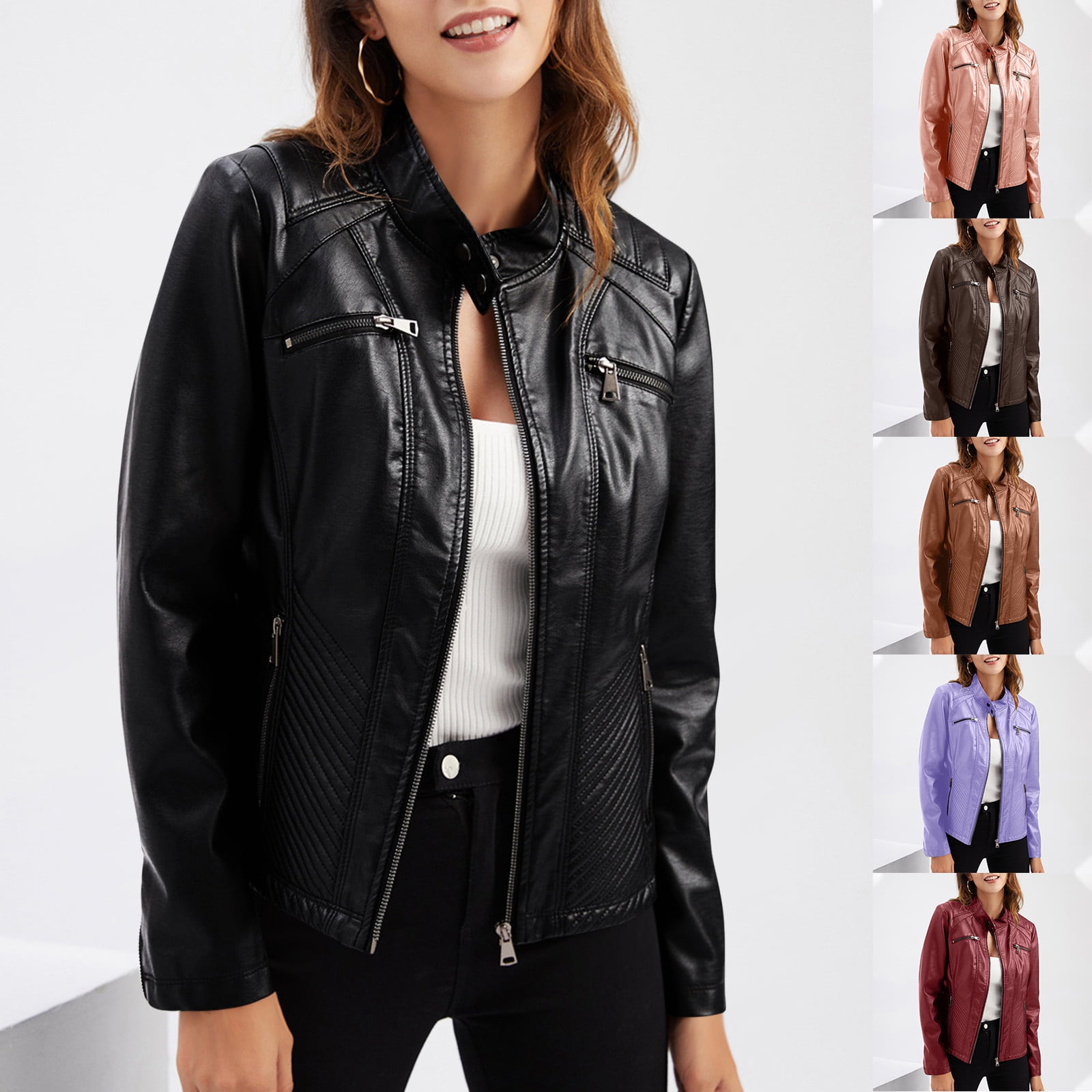 ジャケット STAND Women Jackets 663519153 89890 Black Women's Zip Up Stand Collar Faux Leather Jacket Fitted Slim