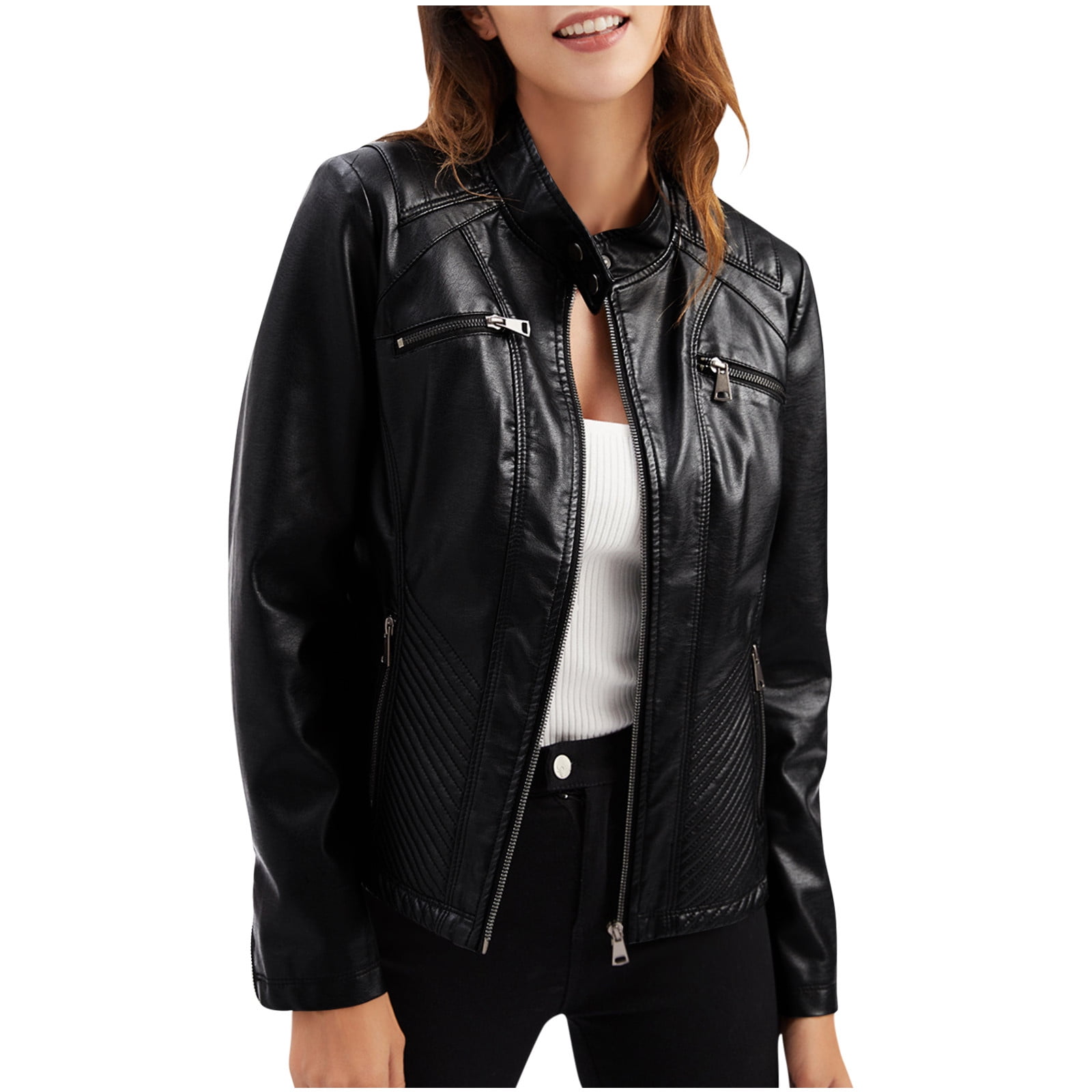 Women's Zip Up Stand Collar Faux Leather Jacket Fitted Slim Fit Moto Biker Jacket Plus Size with Pockets Girls' Outerwear Jackets & Coats Fall Hackets for Women
