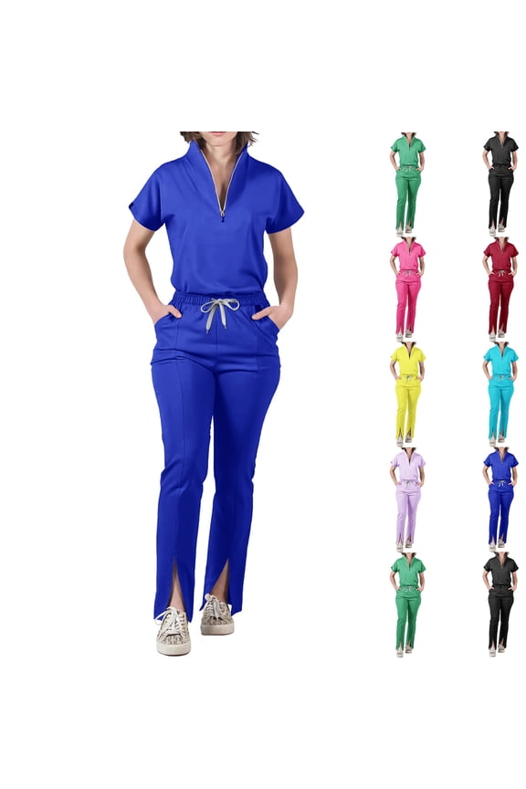 Women's Zip Stand Collar Scrubs Set Short Sleeve Medical Uniform Split Hem Pants with Drawstring Waist Pink S
