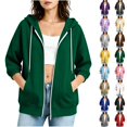 thumbnail image 1 of Women's Zip Up 3/4 Cuffed Sleeve Hoodie，Drawstring Hooded Sweatshirt Jacket with Side Pockets,Army Green,Women's Plus Size XXL, 1 of 5