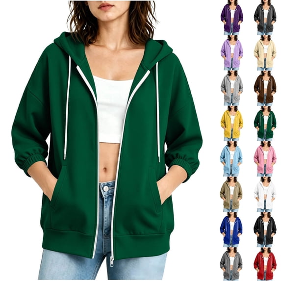 Women's Zip Up 3/4 Cuffed Sleeve Hoodie,Drawstring Hooded Sweatshirt Jacket with Side Pockets,Army Green,Women's Plus Size XXL