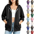 thumbnail image 1 of Women's Zip Up 3/4 Cuffed Sleeve Hoodie，Drawstring Hooded Sweatshirt Jacket with Side Pockets,Black,Women's Plus Size L, 1 of 5