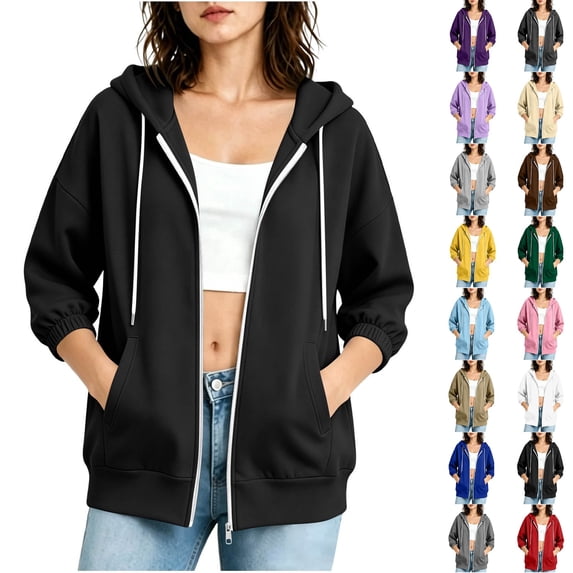 Women's Zip Up 3/4 Cuffed Sleeve Hoodie,Drawstring Hooded Sweatshirt Jacket with Side Pockets,Black,Women's Plus Size L