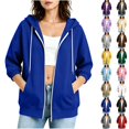 thumbnail image 1 of Women's Zip Up 3/4 Cuffed Sleeve Hoodie，Drawstring Hooded Sweatshirt Jacket with Side Pockets,Blue,Women's Plus Size XL, 1 of 5