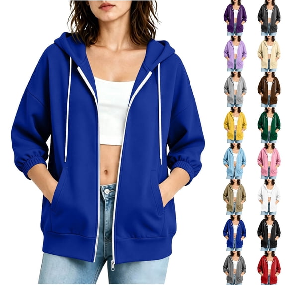 Women's Zip Up 3/4 Cuffed Sleeve Hoodie,Drawstring Hooded Sweatshirt Jacket with Side Pockets,Blue,Women's Plus Size XL