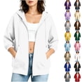 thumbnail image 1 of Women's Zip Up 3/4 Cuffed Sleeve Hoodie，Drawstring Hooded Sweatshirt Jacket with Side Pockets,White,Women's Plus Size M, 1 of 5