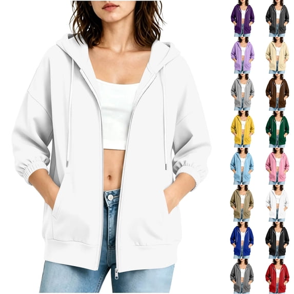 Women's Zip Up 3/4 Cuffed Sleeve Hoodie,Drawstring Hooded Sweatshirt Jacket with Side Pockets,White,Women's Plus Size M