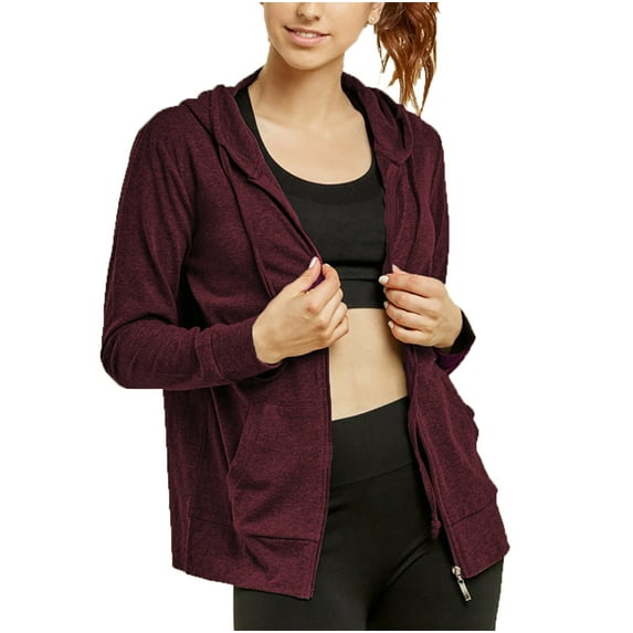 Women's Zip Up Active Yoga Gym Casual Thin Cotton Long Sleeve Jacket Hoodie (Burgundy, X-Large)