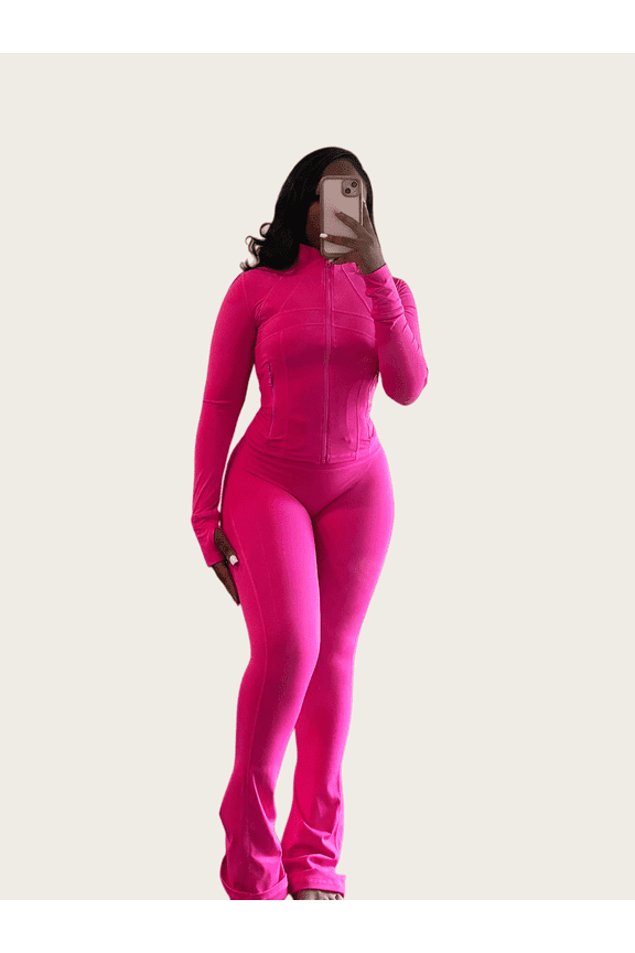 Women’s Zip-Up Athleisure Set — Slim Fit Stretch Tracksuit, Compression Sportswear 2-Piece Outfit, High-Rise Flare Leg Pants, Body-Contouring Activewear, Soft Breathable Workout Set
