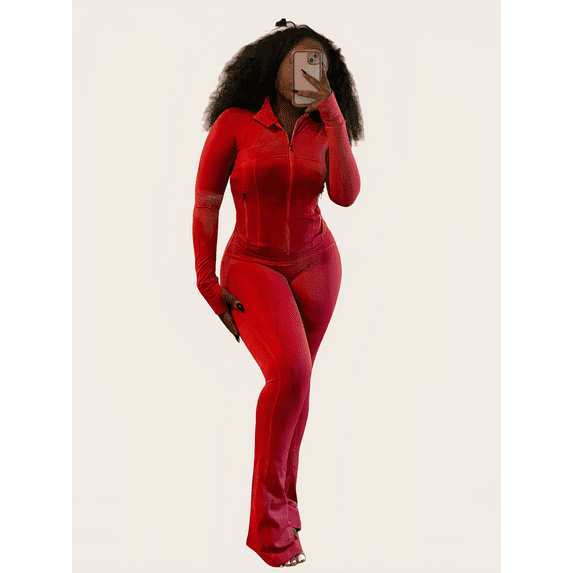 Women’s Zip-Up Athleisure Set — Slim Fit Stretch Tracksuit, Compression Sportswear 2-Piece Outfit, High-Rise Flare Leg Pants, Body-Contouring Activewear, Soft Breathable Workout Set