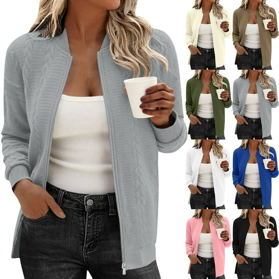 Women's Zip Up Bomber Jacket Casual Lightweight Jacquard Jackets Long Sleeve Fashion Coat Fall Outerwear NO Pocket