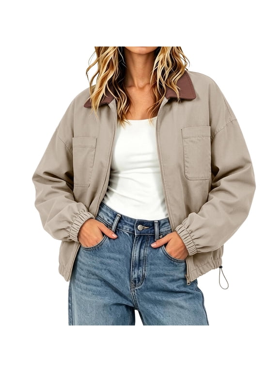Women's Zip Up Bomber Jacket Casual Loose Fit Collared Coat with Pockets Elastic Cuffs Drawstring Hem for Spring Fall Daily Wear