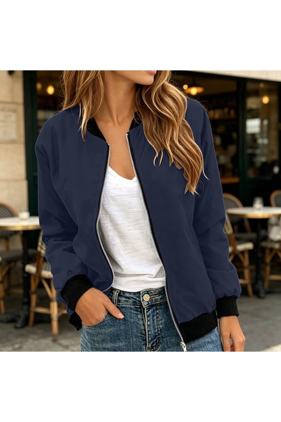 Women's Zip-Up Bomber Jacket with Contrast Ribbed Trim – Lightweight Casual Outerwear for Spring & Fall – Solid Color Versatile Coat for Daily Wear, Travel & Layering (S-XXL)