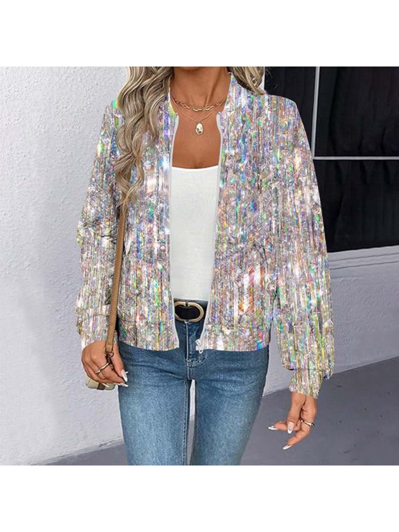 Women's Zip Up Bomber Jacket Fall Winter Fashion Casual Sequin Printed Long Sleeve Zipper Lightweight Jacket Trendy Work Clothes with Pockets