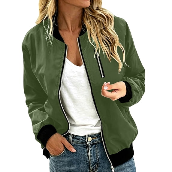 Women's Zip Up Bomber Jacket Loose Fit Long Sleeve Coat with Pockets Trendy Fall Outerwear for Daily Streetwear