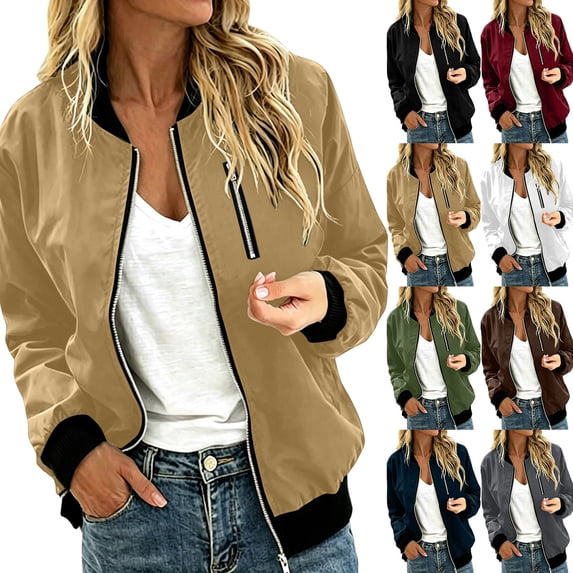 Women's Zip Up Bomber Jacket Loose Fit Long Sleeve Coat with Pockets Trendy Fall Outerwear for Daily Streetwear