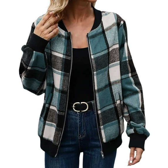 Women's Zip Up Bomber Jackets 2025 Fashion Plaid Color Block Long Sleeve Shackets Fall Outfits Casual Trendy Coat with Pockets