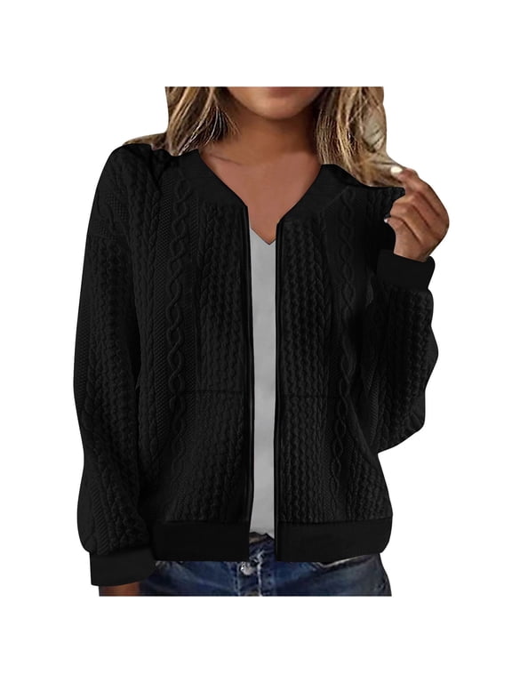 Women's Zip Up Cardigan Cable Knit Sweater Jacket Long Sleeve Crewneck Textured Casual Short Coat,S