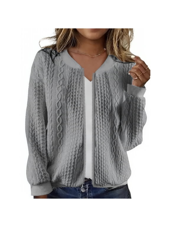 Women's Zip Up Cardigan Sweater Cable Outerwear Long Sleeve Casual Jacket Collar Outfits Trendy Sweatshirt Coat, Grey, M