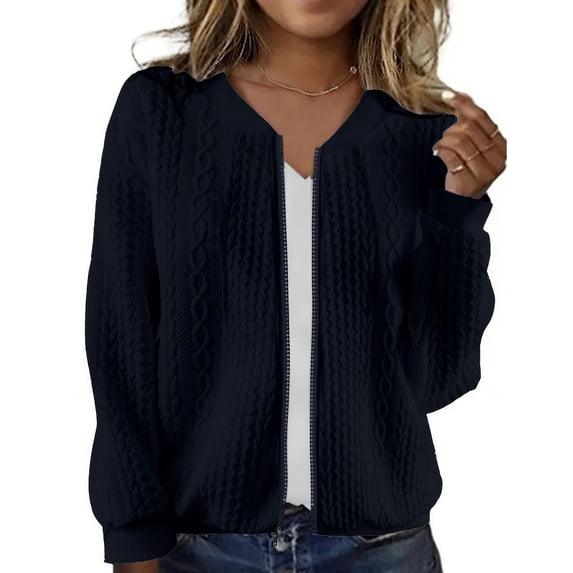 Women's Zip Up Cardigan Sweater Cable Outerwear Long Sleeve Casual Jacket Collar Outfits Trendy Sweatshirt Coat, Navy Blue, M