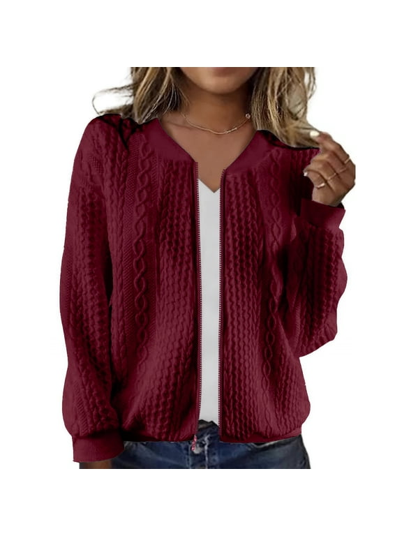 Women's Zip Up Cardigan Sweater Cable Outerwear Long Sleeve Casual Jacket Collar Outfits Trendy Sweatshirt Coat, Wine Red, S