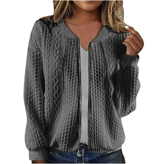 Women's Zip Up Cardigan Sweater Cable Hoodies Long Sleeve Jacket Outfits Crewneck Casual Coat