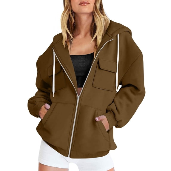 Women's Zip Up Cargo Sweatshirts Hoodies Loose Versatile Long Sleeve Casual Outerwear Jackets with Pockets Brown L