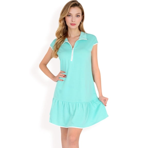 Women's Zip-Up Collared Dress with Ruffle Hem- Green,X Large