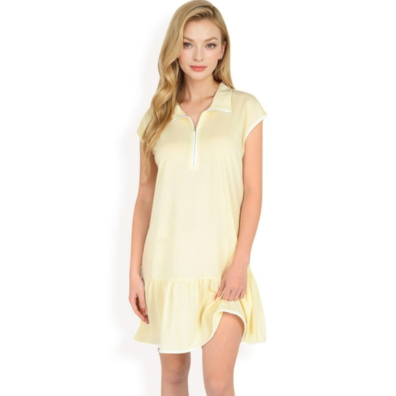 Women's Zip-Up Collared Dress with Ruffle Hem- Light Beige,X Large