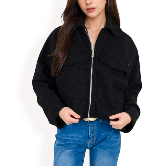 Women's Zip-Up Collared Jacket with Front Flap Pockets - Small, Black