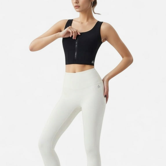 Women's Zip-Up Cropped Athletic Tank Top with Built-In Bra and Contoured Seam Design - Medium, Black